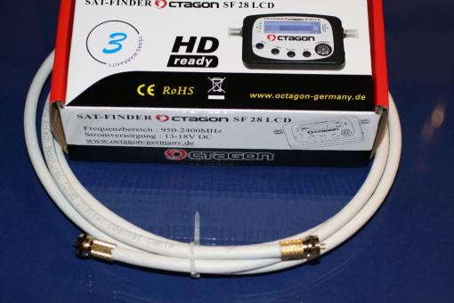 Octagon SF 28 LCD Sat-Finder mit 2 Meter 120 dB geschirmten Octagon Koaxialkabel mit Stecker fertig montiert 